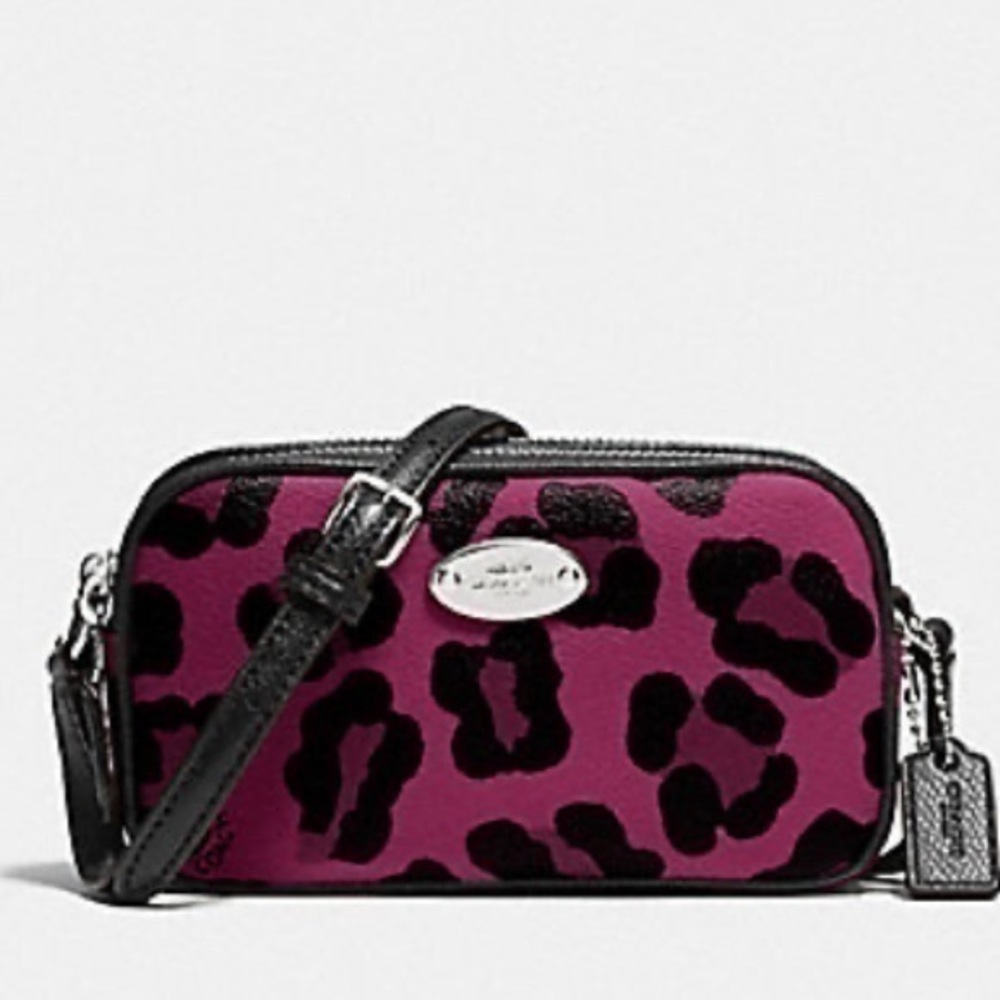Coach crossbody pouch purse bag ocelot SILVER/CRANBERRY F53421